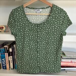 Green and white floral button up